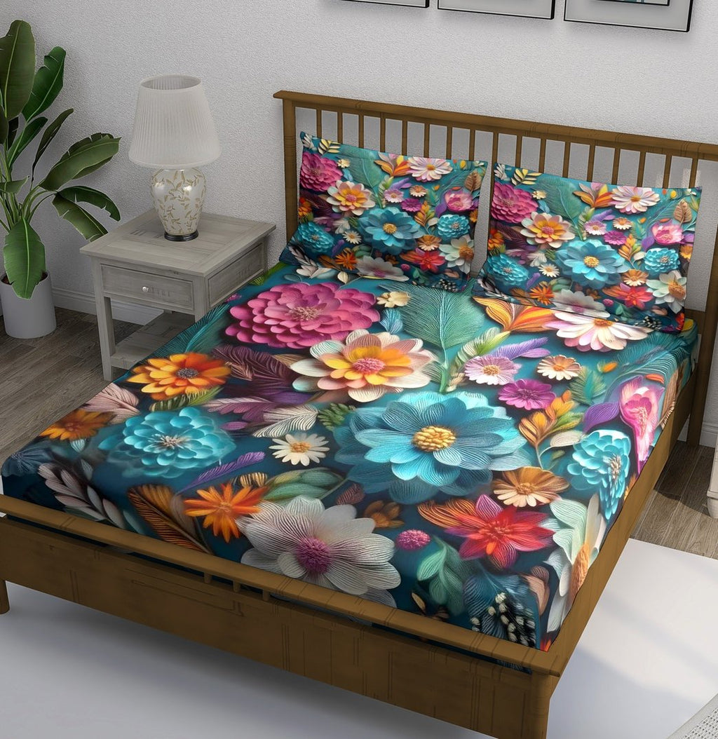 Teal Garden Multicolor Floral Bedsheet - Image 1