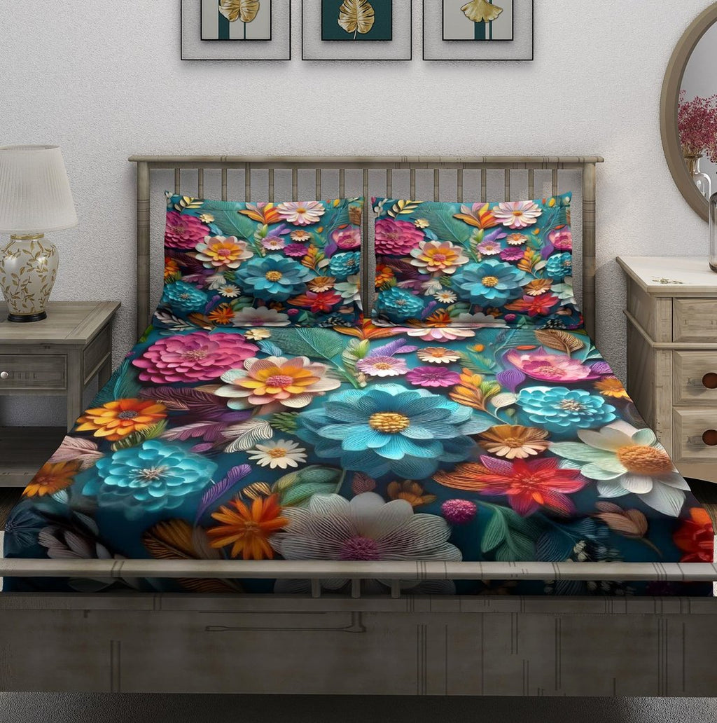 Teal Garden Multicolor Floral Bedsheet - Image 2