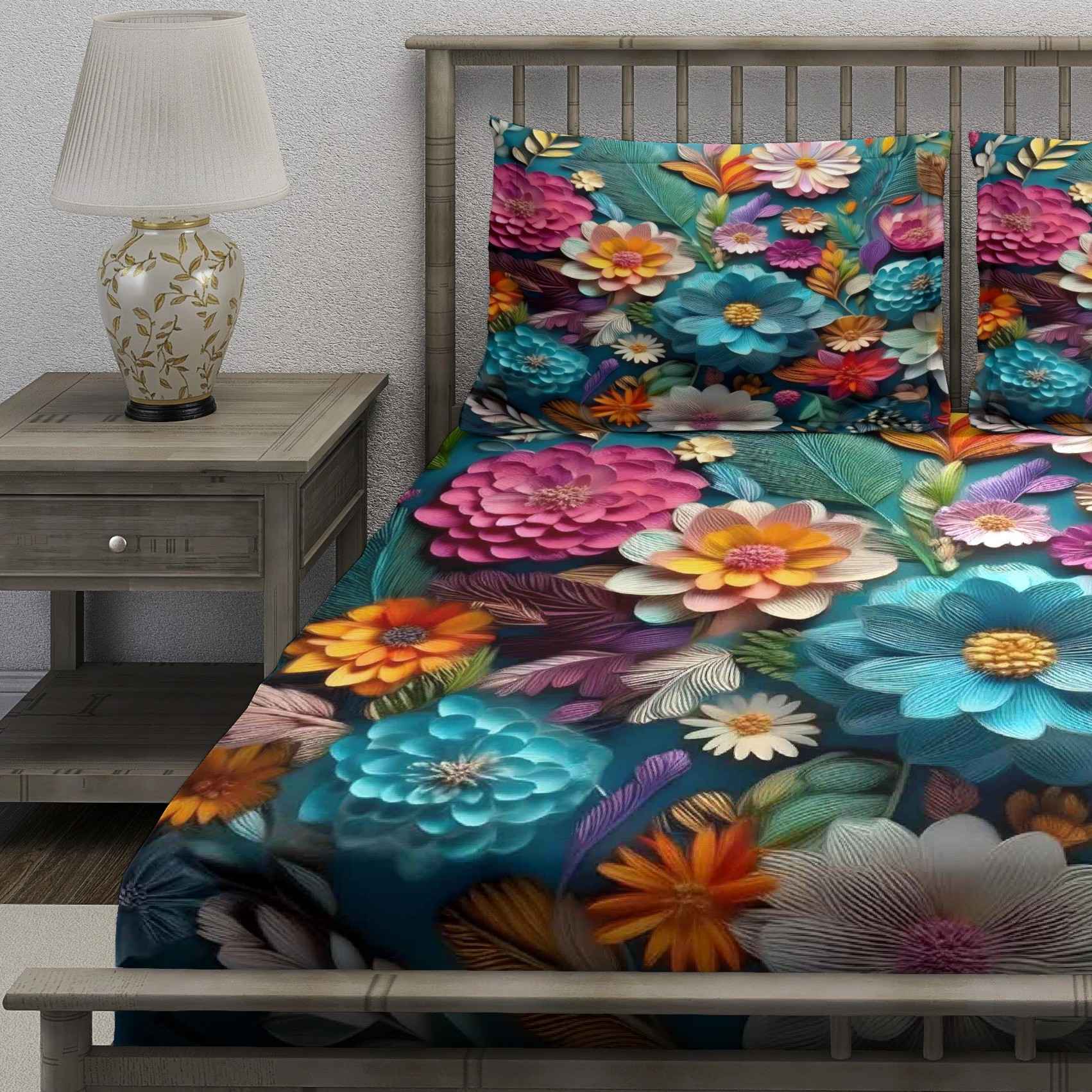 Teal Garden Multicolor Floral Bedsheet - Image 3