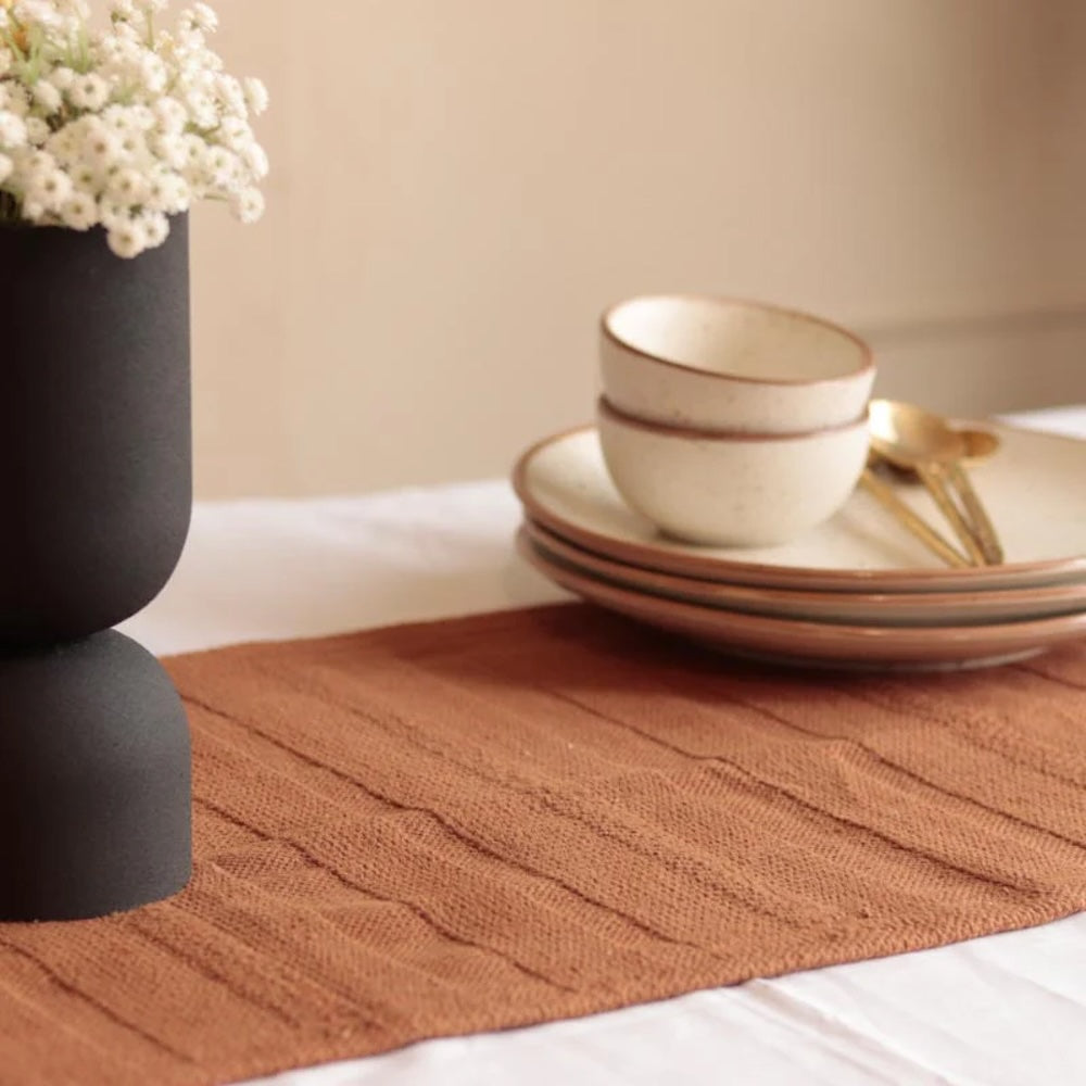 Rust Orange Quilted Table Runner with Textured Pattern - Image 2