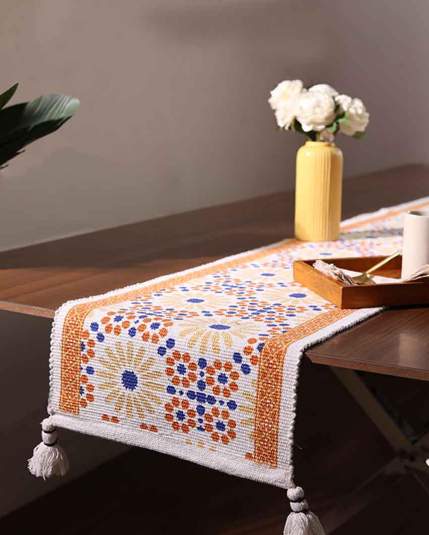Orange and Blue Dotted Mosaic Table Runner with Tassels - Image 1