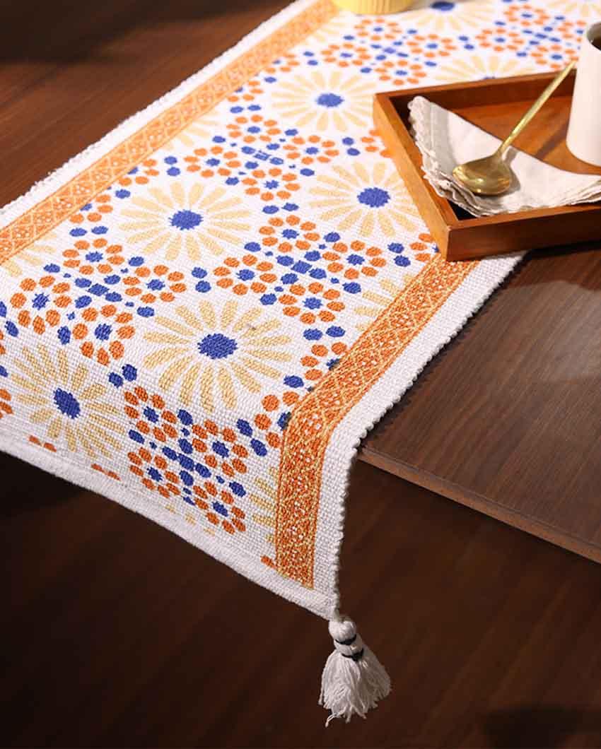 Orange and Blue Dotted Mosaic Table Runner with Tassels - Image 2