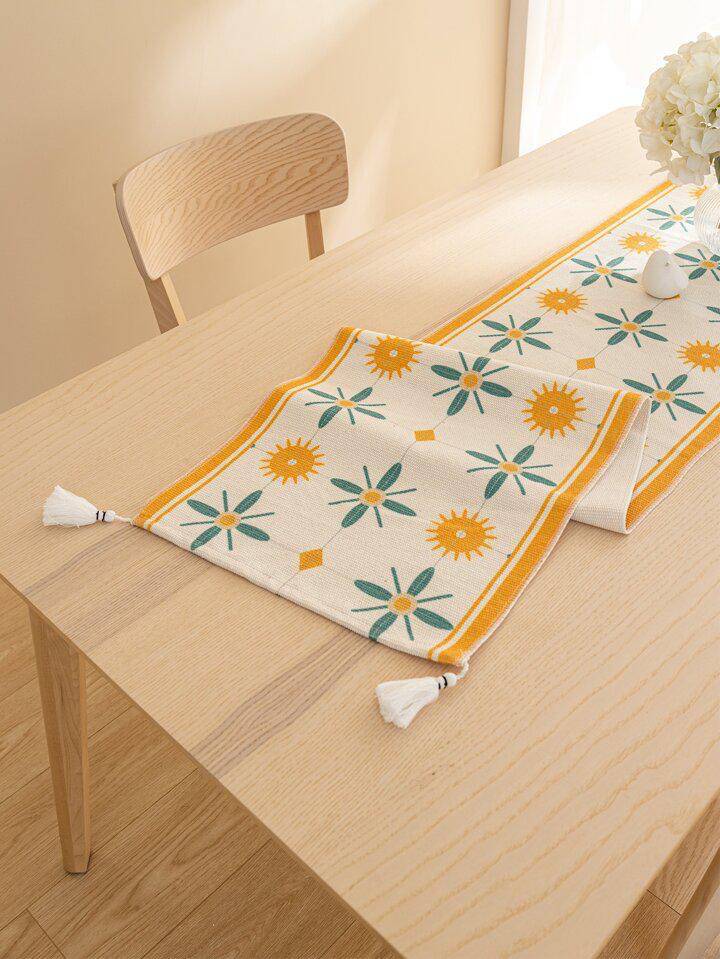 Beige Floral Sun Motif Table Runner with Tassels - Image 1