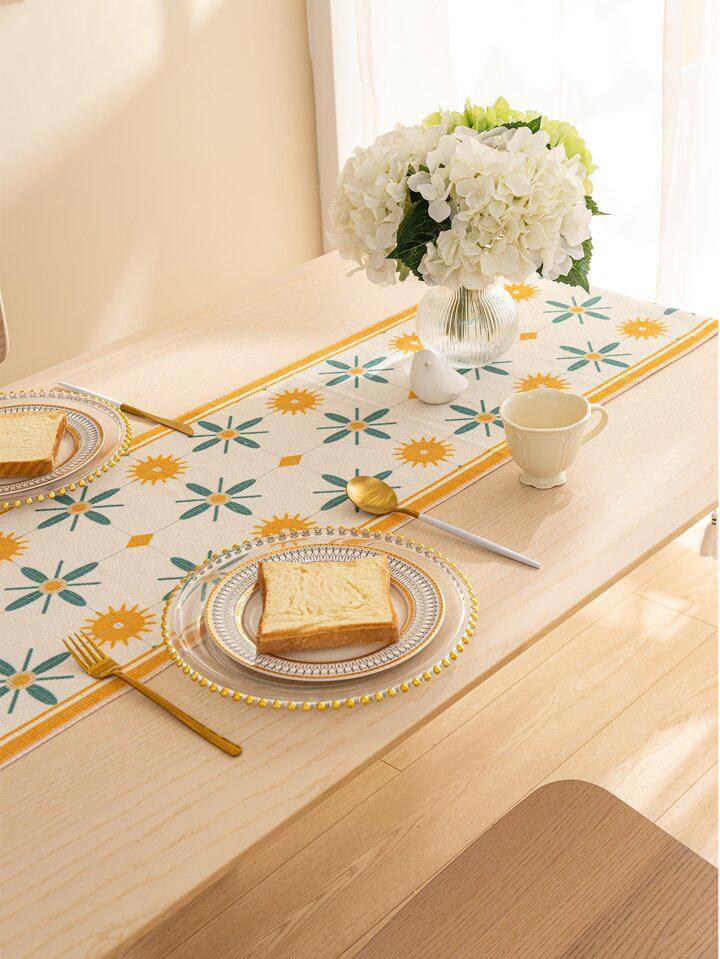 Beige Floral Sun Motif Table Runner with Tassels - Image 2