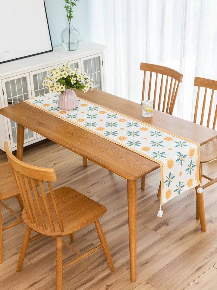 Beige Floral Sun Motif Table Runner with Tassels - Image 3