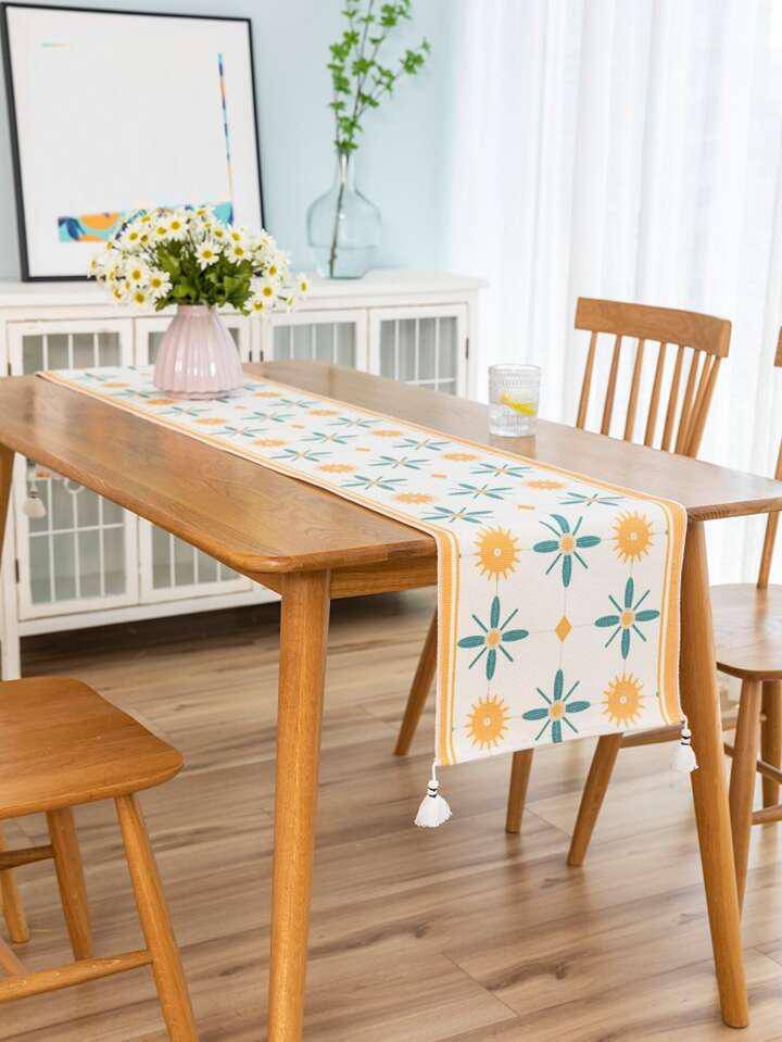 Beige Floral Sun Motif Table Runner with Tassels - Image 4