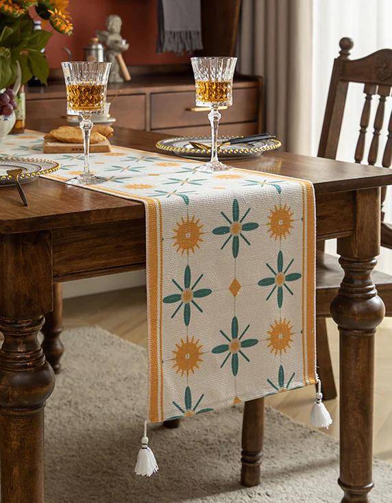 Beige Floral Sun Motif Table Runner with Tassels - Image 5