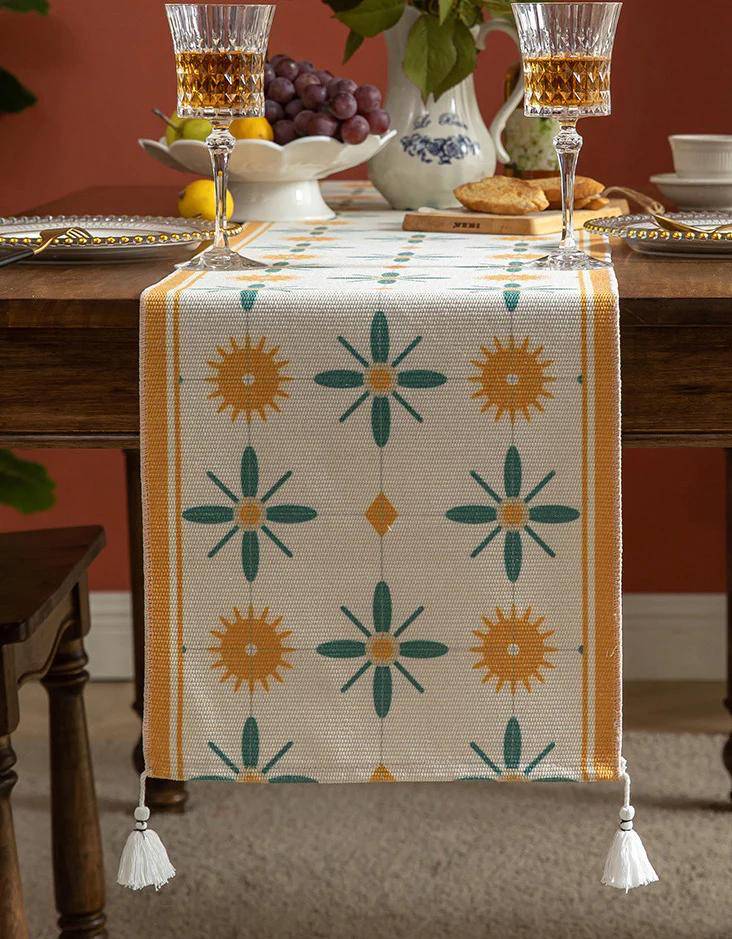 Beige Floral Sun Motif Table Runner with Tassels - Image 6