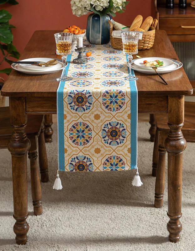 Blue Moroccan Tile Pattern Table Runner with Tassels - Image 2