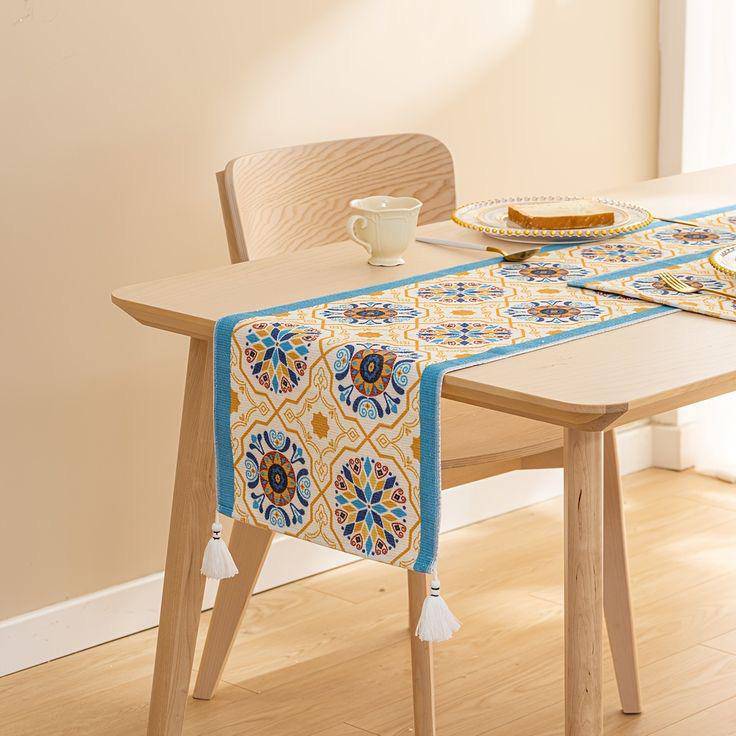 Blue Moroccan Tile Pattern Table Runner with Tassels - Image 3