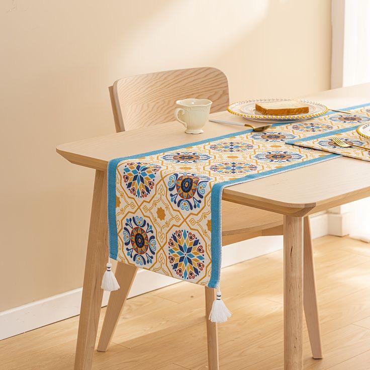 Blue Moroccan Tile Pattern Table Runner with Tassels - Image 5