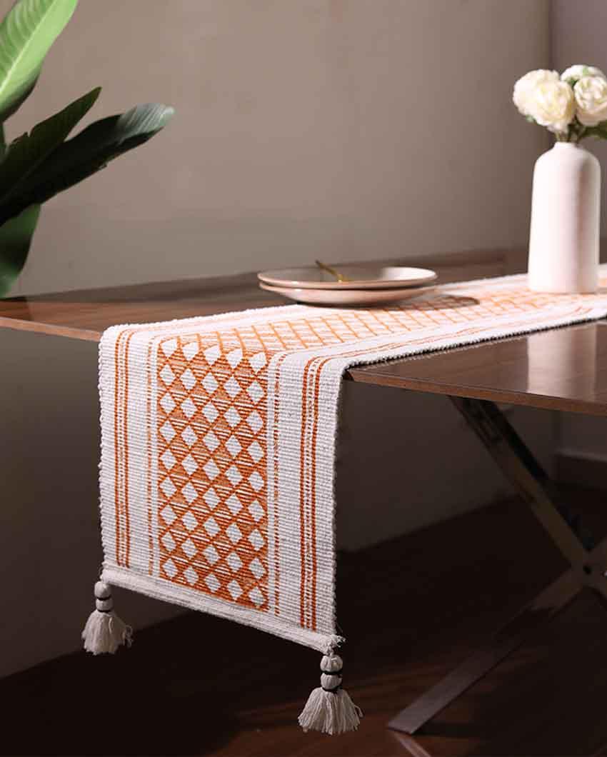 Rust Orange Diamond Geometric Table Runner with Tassels - Image 5