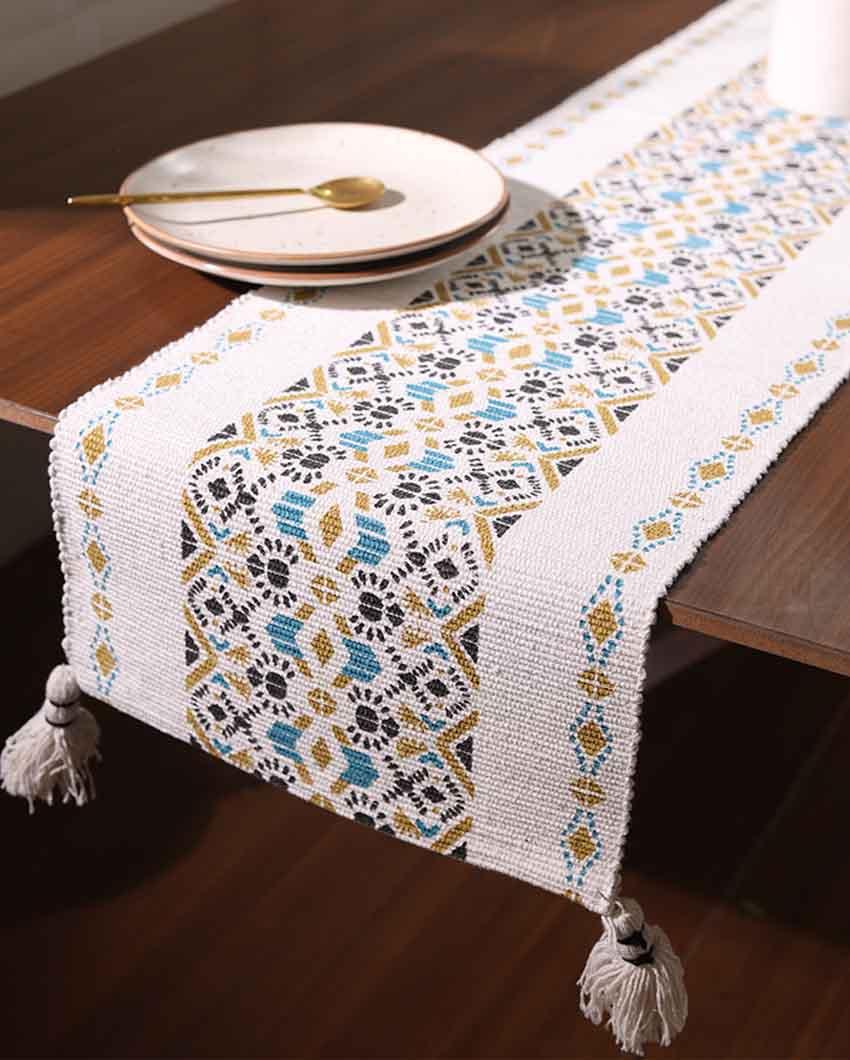 Black Yellow Turquoise Mandala Table Runner with Tassels - Image 2