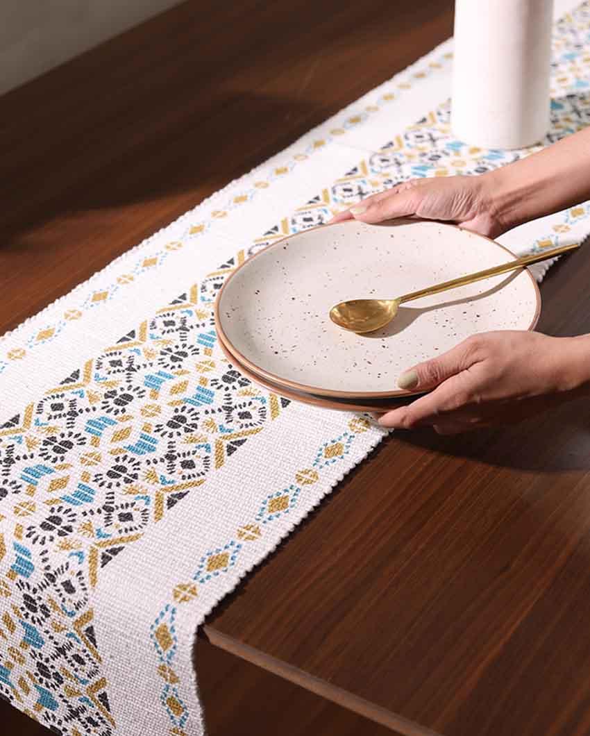 Black Yellow Turquoise Mandala Table Runner with Tassels - Image 4