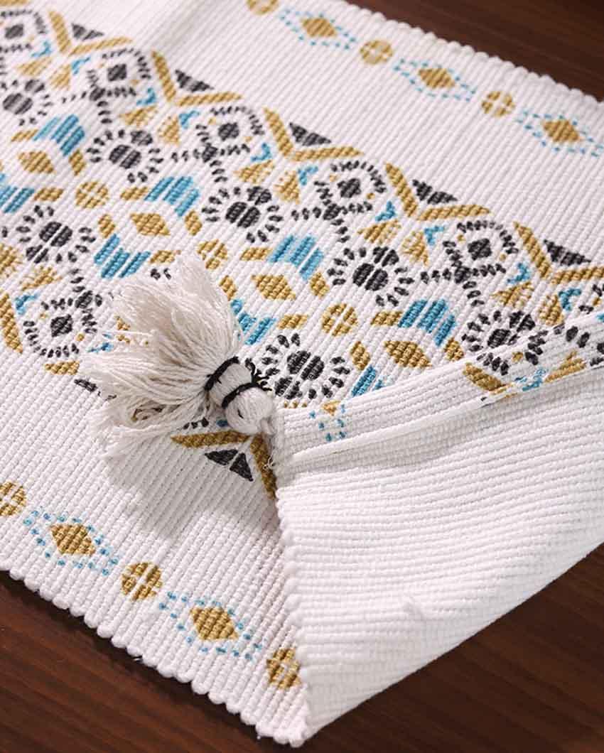 Black Yellow Turquoise Mandala Table Runner with Tassels - Image 5