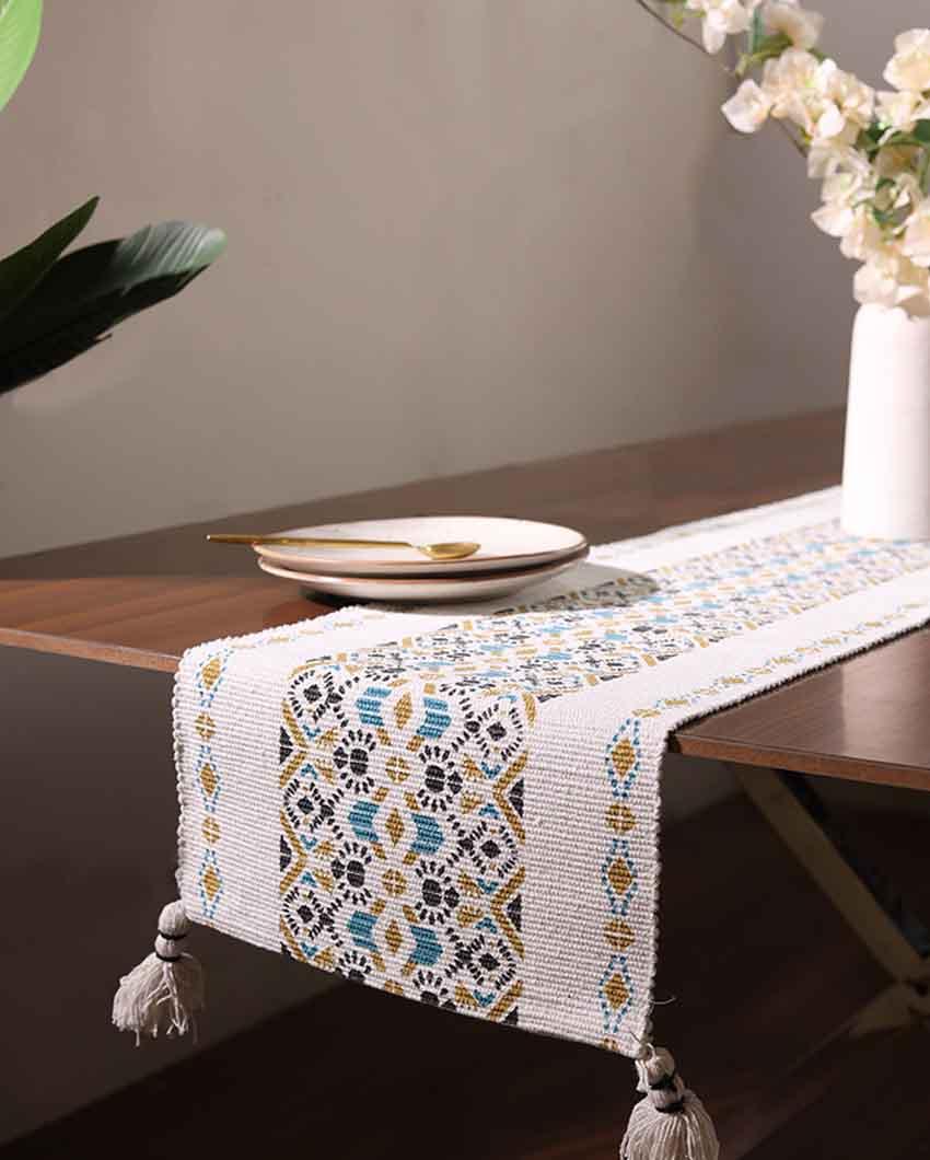 Black Yellow Turquoise Mandala Table Runner with Tassels - Image 6
