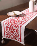 Red Coral Floral Botanical Table Runner with Tassels - Image 1