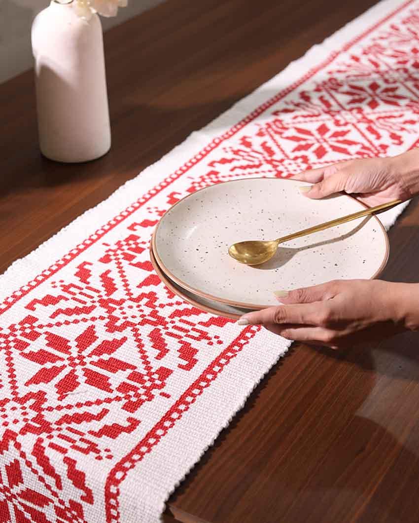 Red Coral Floral Botanical Table Runner with Tassels - Image 3