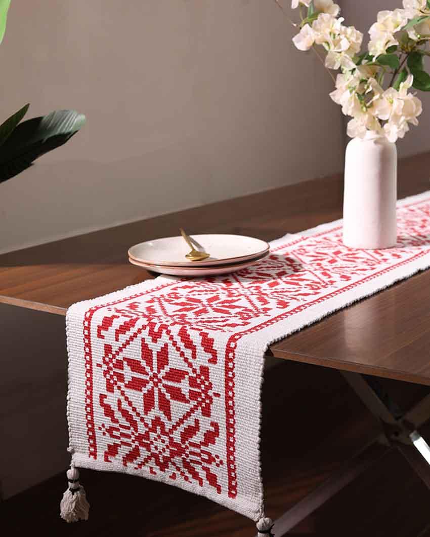 Red Coral Floral Botanical Table Runner with Tassels - Image 4