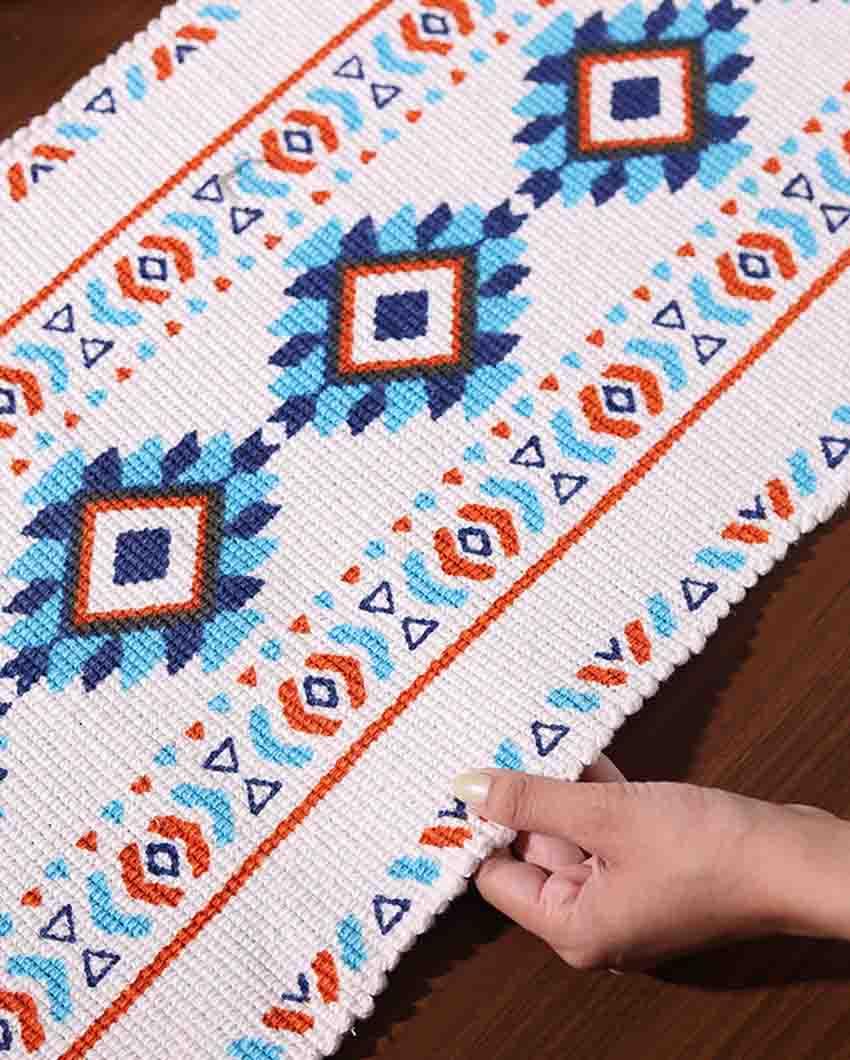 Blue Orange Tribal Southwestern Table Runner with Tassels - Image 2