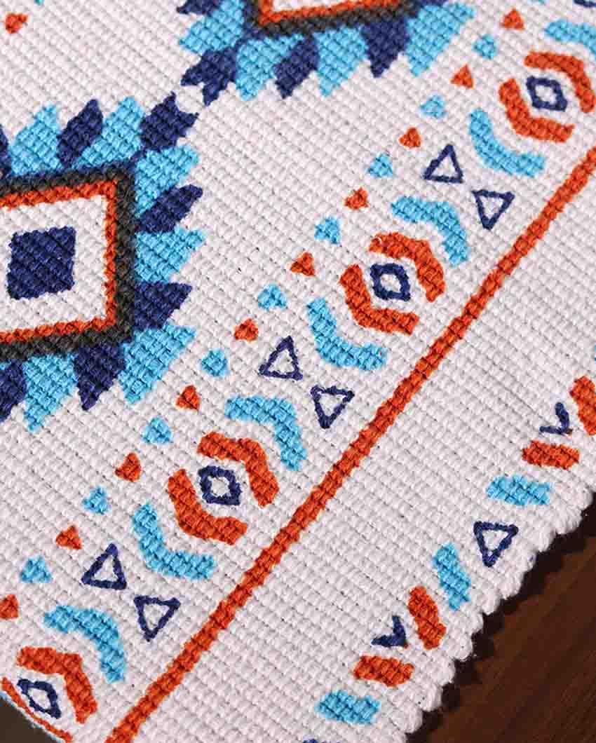 Blue Orange Tribal Southwestern Table Runner with Tassels - Image 3