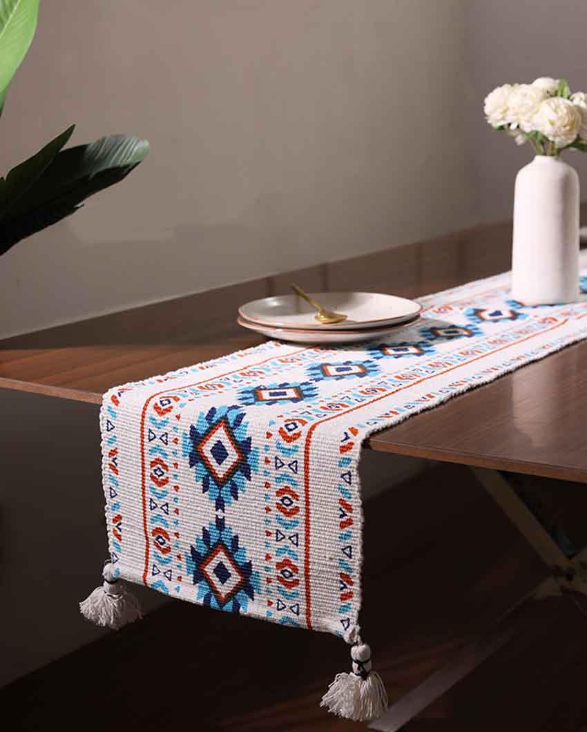 Blue Orange Tribal Southwestern Table Runner with Tassels - Image 5