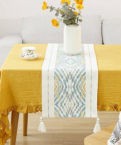 Green Tropical Palm Leaf Table Runner with Tassels - Image 7