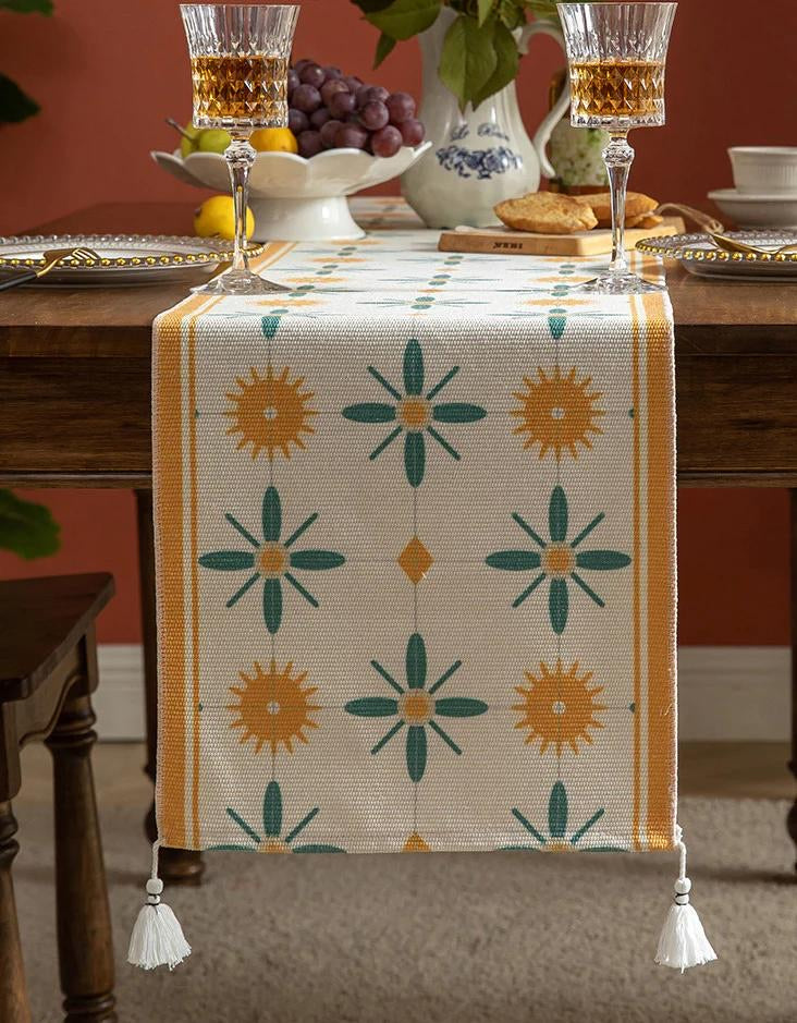 Beige Floral Sun Motif Table Runner with Tassels - Image 7