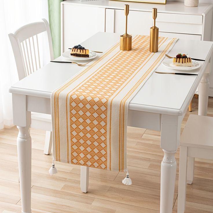Rust Orange Diamond Geometric Table Runner with Tassels - Image 6