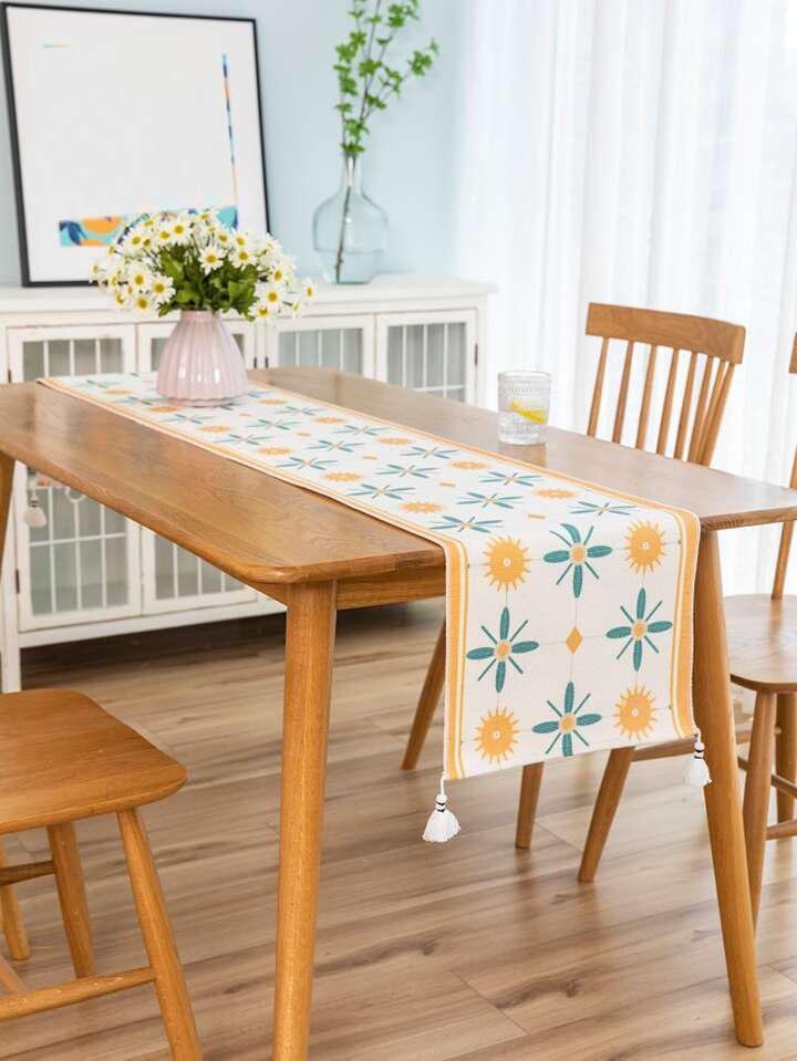 Beige Floral Sun Motif Table Runner with Tassels - Image 9