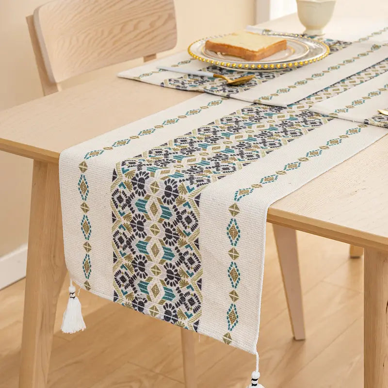 Black Yellow Turquoise Mandala Table Runner with Tassels - Image 7